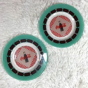 Set of 2 Vintage Coca-Cola Aqua Border Red Checker Coke Bottle Appetizer Plates